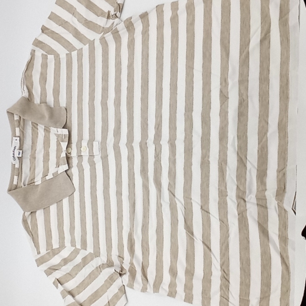Calvin Klein Striped Cotton‎ Short Sleeve Polo Top White Tan XL